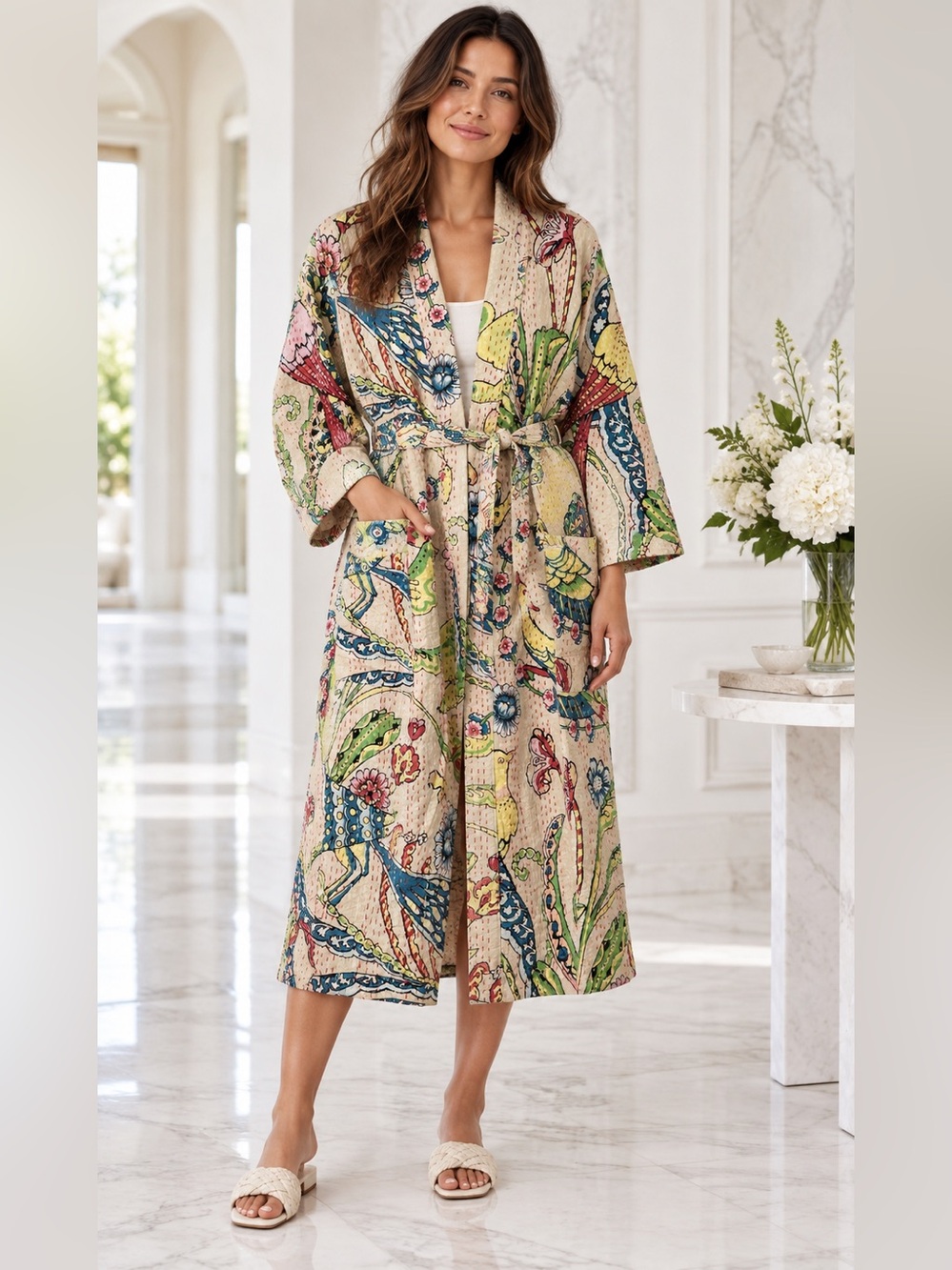Kantha Robe Kimono Bird Floral Print Cotton Duster Belted One Size